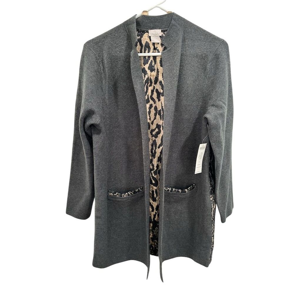 Chico's Women's Gray Animal Print Open Front‎ Cardigan Sweater Standard Size 1